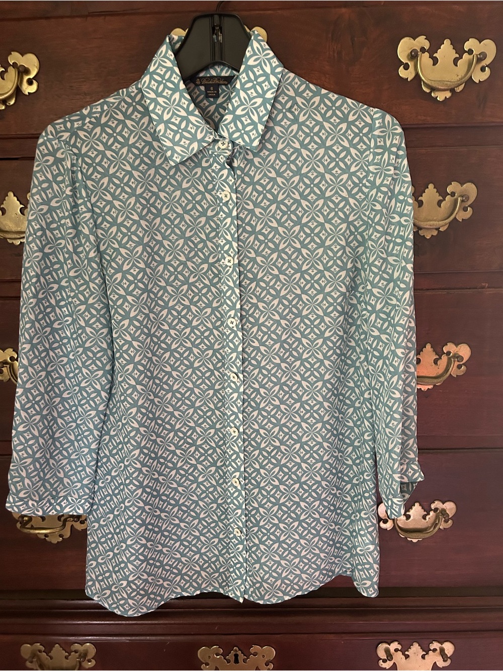 Brooks Brothers Teal and White Floral Silk Blouse
